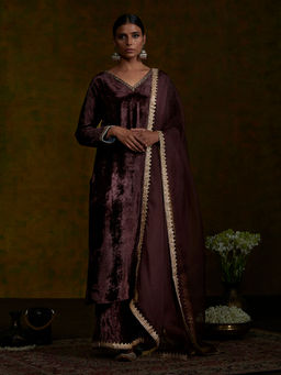 WeaverStory - Brown Velvet Suit Set With Zardozi Work (set of 3)