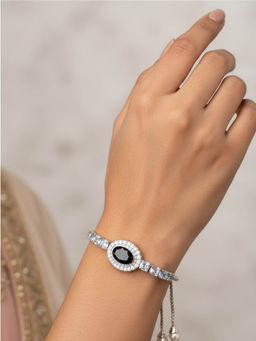 Accessher - Silver Plated Black Crystal Adjustable Bracelet
