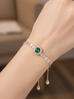 Accessher - Rose-Gold Plated Green Round Crystal Adjustable Bracelet