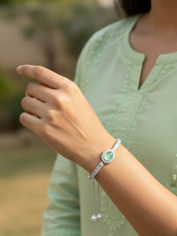 Accessher - Silver Plated Sea Green Crystal Adjustable Bracelet