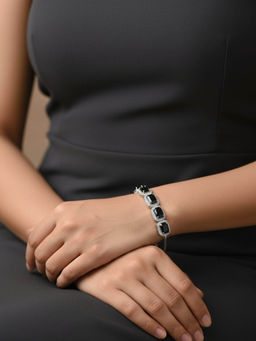 Accessher - Silver-Tone Black Crystal Adjustable Charm Bracelet