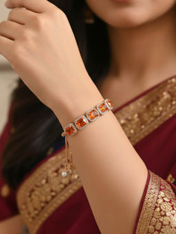 Accessher - Rose-Gold Plated Orange Crystal Adjustable Charm Bracelet