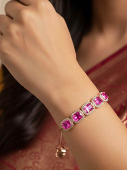 Accessher - Rose-Gold Plated Magenta Crystal Adjustable Charm Bracelet