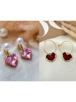 ISHKAARA - Pink and Red Double Heart Pearl Magic Earrings (Pack Of 2)