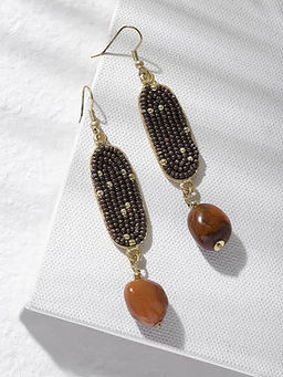 Deebaco - Brown Natural Stone Beaded Rose Gold Plated Drop Earrings