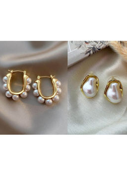 ISHKAARA - White Pearl Hoop and Stud Earrings (Pack Of 2)