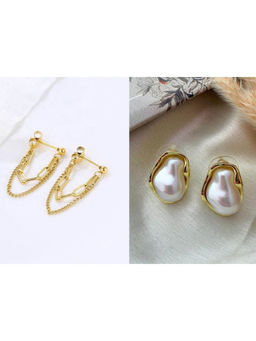 ISHKAARA - White Pearl Gold Chain Earrings (Pack Of 2)