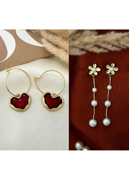 ISHKAARA - Ruby Red Heart and Floral Pearl Earrings (Pack Of 2)
