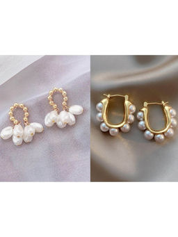 ISHKAARA - White Pearl Hoop and Drop Earrings (Pack Of 2)