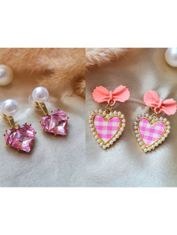 ISHKAARA - Pink Heart Bow Stone-Pearl Earrings (Pack Of 2)