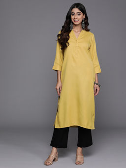 Libas - Lime Mustard Viscose Rayon Solid Straight Kurta