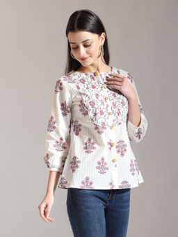 Yufta - Floral Print Pure Cotton White Tuck Top