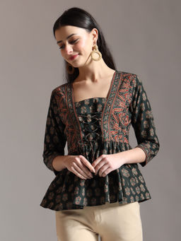 Yufta - Green Pure Cotton Ethnic Motifs Dori Work Pleated Top