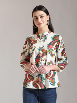 Yufta - Cream Pure Cotton Paisley Peplum Top