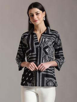 Yufta - Black Pure Cotton Boho Printed Top