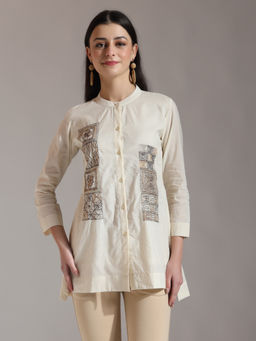 Yufta - Off White Pure Cotton Embroidered Top