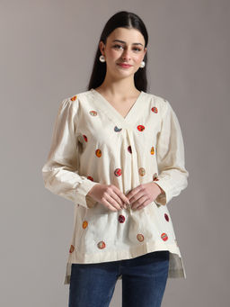 Yufta - Off White Pure Cotton Applique Work Top