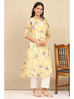 Aurelia - Womens Yellow Floral Printed A-Line Kota Kurta