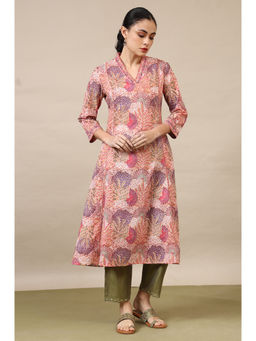 Folksong - Womens Light Pink Handblock Printed Flared Kurta