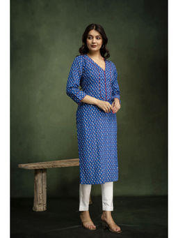 Mokshi - Blue V-Neck Cotton Floral Printed Straight Kurta