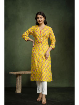 Mokshi - Yellow V-Neck Cotton Floral Printed Straight Kurta