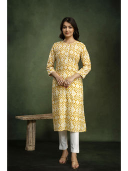 Mokshi - Yellow Round Neck Cotton Floral Printed Straight Kurta
