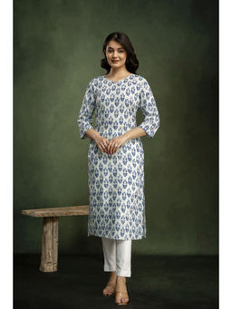 Mokshi - White Round Neck Cotton Floral Printed Straight Kurta