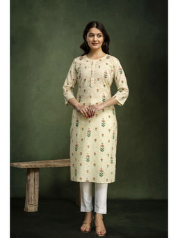 Mokshi - Cream Round Neck Cotton Floral Printed Straight Kurta
