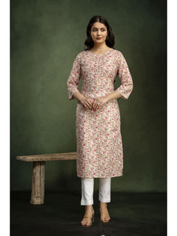 Mokshi - Beige Round Neck Cotton Floral Printed Straight Kurta
