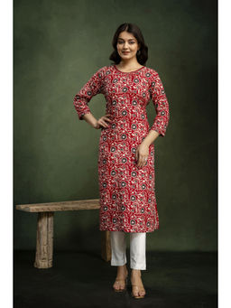 Mokshi - Red Round Neck Cotton Floral Printed Straight Kurta
