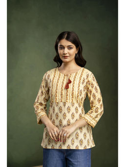 Mokshi - Yellow Round Neck Cotton Floral Printed A-Line Kurti