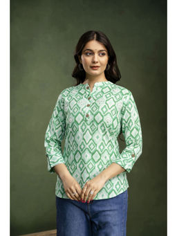 Mokshi - Green Mandarin Collar Cotton Printed A-Line Kurti