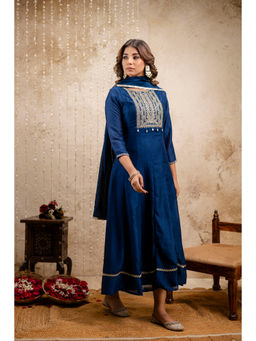 Mokshi - Women Embroidered Blue Muslin Dress With Dupatta (Set of 2)