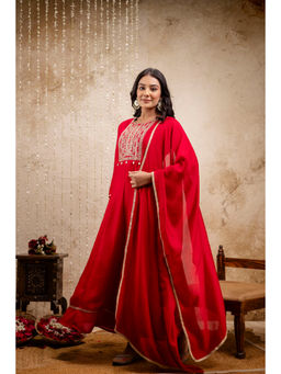 Mokshi - Women Embroidered Red Muslin Dress With Dupatta (Set of 2)