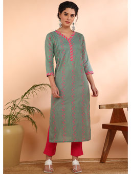 Maaesa - Women Floral Pure Cotton Straight Dark Green Kurta
