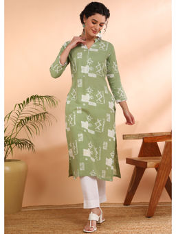 Maaesa - Women Printed Pure Cotton Straight Green Kurta