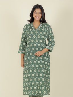 ARAMYA - Soft Cotton Straight Green Bandhani Print Kurta