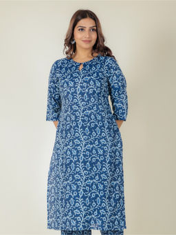 ARAMYA - Kantha Blue Cotton Straight Floral Print Kurta