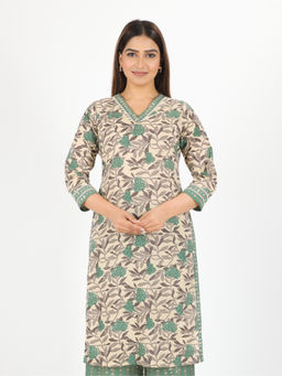 ARAMYA - Beige Soft Cotton Straight Floral Print Kurta