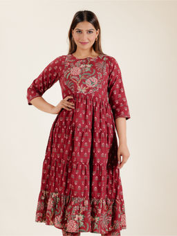 ARAMYA - Maroon Soft Cotton Anarkali Block Print Kurta