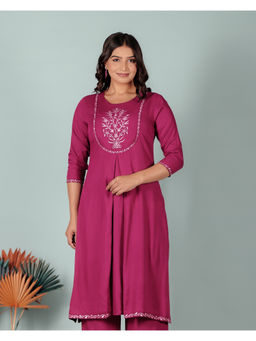ARAMYA - Wine Viscose A-Line Floral Kurta
