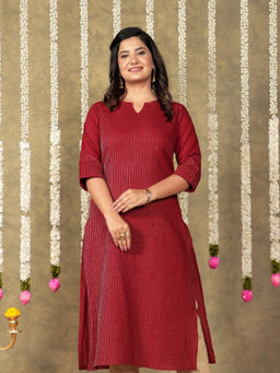 ARAMYA - Maroon Natural Cotton Straight Stripe Kurta