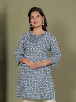 ARAMYA - Blue Soft Cotton Straight Geometric Print Kurta