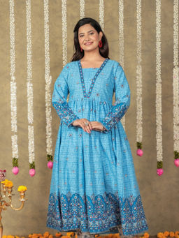 ARAMYA - Blue Soft Cotton Anarkali Floral Print Kurta