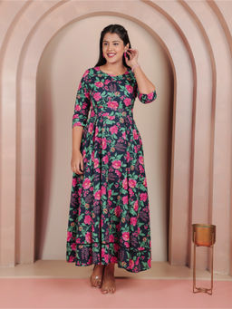ARAMYA - Navy Blue Soft Cotton Anarkali Floral Print Dress