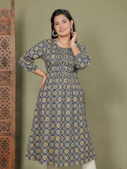 ARAMYA - Blue Soft Cotton A-Line Geometric Print Kurta