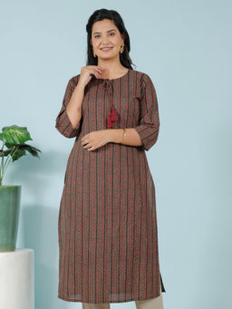 ARAMYA - Green Soft Cotton Straight Striped Print Kurta