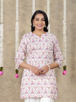 ARAMYA - White Soft Cotton Straight Floral Print Kurti