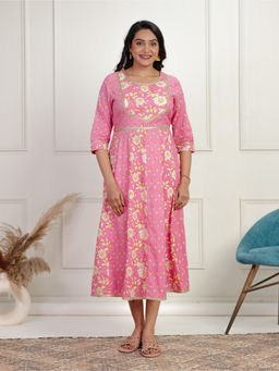 ARAMYA - Pink Soft Cotton Anarkali Floral Print Dress