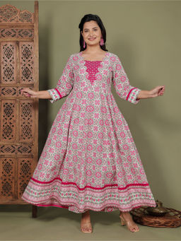 ARAMYA - Pink Soft Cotton Flared Print Dress